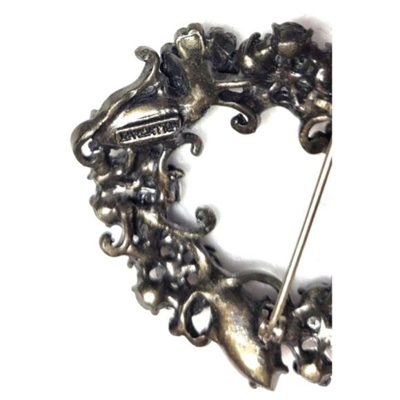 Vtg Hollycraft Brooch MCM Oval Wreath Circle Black Flowers Rhinestones Hematite - Picture 7 of 7